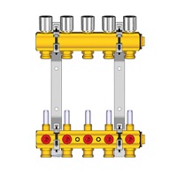 Комплект коллекторов для комплектации смесительного узла R557R-1, 1"x3/4"/8, предварительно собранный на кронштейнах, с расходомерами (0,5-5 л/мин.), латунный. Для подключения трубы медной, пластиковой, металлопластиковой, использовать соответствующие ада