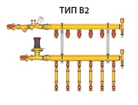 Узел коллекторный отопления этажный, тип В-2, 1 1/4" x 3/4"/5, подключение к системе с балансировочной парой, подключение к потребителям с парой шаровых кранов с накидной гайкой и проставкой на место монтажа теплосчетчика
