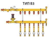 Узел коллекторный тип В-3, 1 1/4" x 1/2"/4, подключение к системе с балансировочной парой, подключение к потребителям тип B3: с шаровым краном, отводом с накидной гайкой, балансировочным клапаном - регулятором расхода и проставкой на место монтажа теплосч