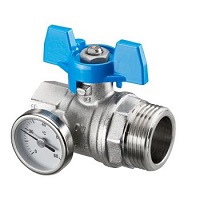 Шаровой кран с плоским уплотнением Ду20,  G3/4"BP x G1"HP, с термометром (0–80 °C), с синим маховиком