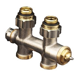 Присоединительная арматура, Oventrop, Multiblock T, на обратную и подающую линию, проходная, 3/4", 1/2", НН, PN, бар-10, T°C -от +2 до +120, латунь, цвет-никелированный, с преднастройкой, с запорной и сливной функцией, для двухтрубных систем