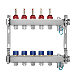 Коллекторная группа из нержавеющей стали с расходомерами и термостатическими клапанами, воздухоотводчиками и дренажными кранами, подключение 1”, размер отвода 3/4 E, 15 выходов, WF212AS