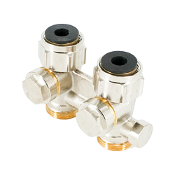 Узел Multiflex F, 1/2" HP x 3/4" HP, запорно-присоединительный,  (CEW) для заполнения, слива, с предварительной настройкой, латунный, мягкое уплотнение, никелированный, для отопительных приборов со встроенным вентилем, с внутренней резьбой 1/2"