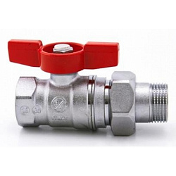 Кран шаровой полнопроходной DADO с отводом 3/4"x3/4" Н-В компактная модель, резьба внутренняя/наружная, никелированный, ручка-бабочка красная
