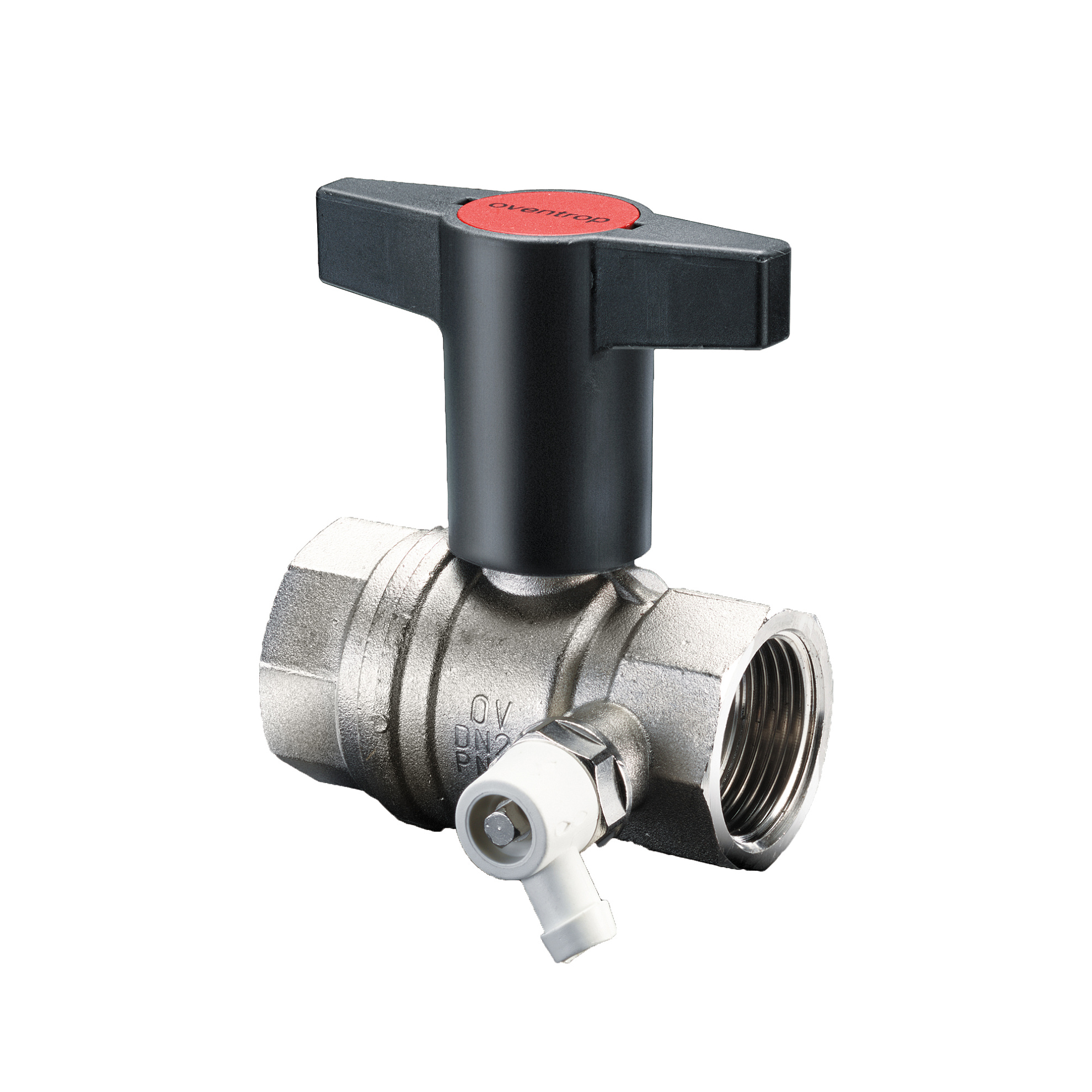 Кран шаровой, Oventrop, Optibal, полнопроходной, DN-20, 3/4", ВВ, PN, бар-16, ручка-пластмассовая, удлинённая антрацит, латунь, никелированный, со штуцером для слива 1/4"