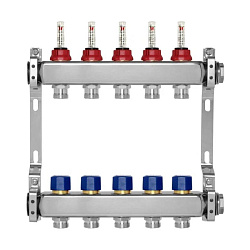 Коллекторная группа из нержавеющей стали с расходомерами и термостатическими клапанами, автоматическими воздухоотводчиками и дренажными кранами, подключение 1”, размер отвода 3/4 E, 11 выходов, WF212ВS