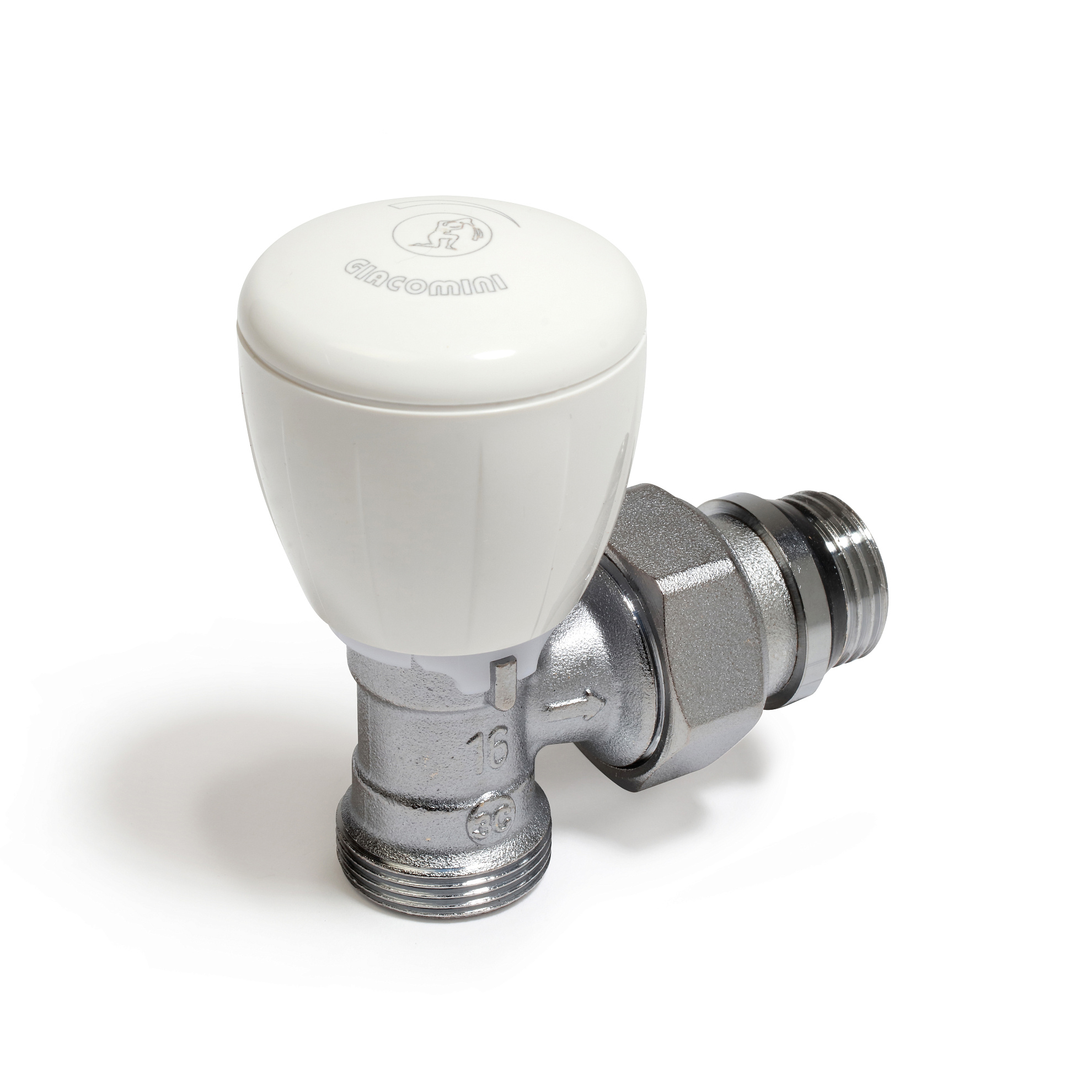 Клапан угловой микрометрический термостатический 1/2"x16, хромированный, отвод с герметичной прокладкой, подсоединение с наружной резьбой