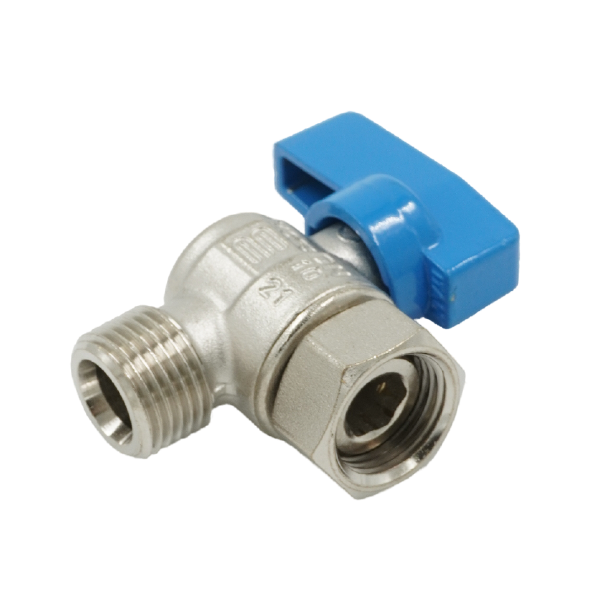 Кран шаровой, ELSEN, угловой, 1/2", 1/2", НВ, PN 16, T°C -от -20 до +130, ручка-флажок синяя, с НГ для подключения бойлера