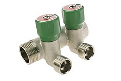 Коллектор модульный, 3/4", 2 контура, размер отвода-1/2" НР ПУ, вентили под 90°, TIN латунь