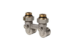 Блок шаровых кранов, РЕХАУ, RAUTITAN, G 1/2"xG 3/4", никелированный, с соединительным ниппелем, угловой