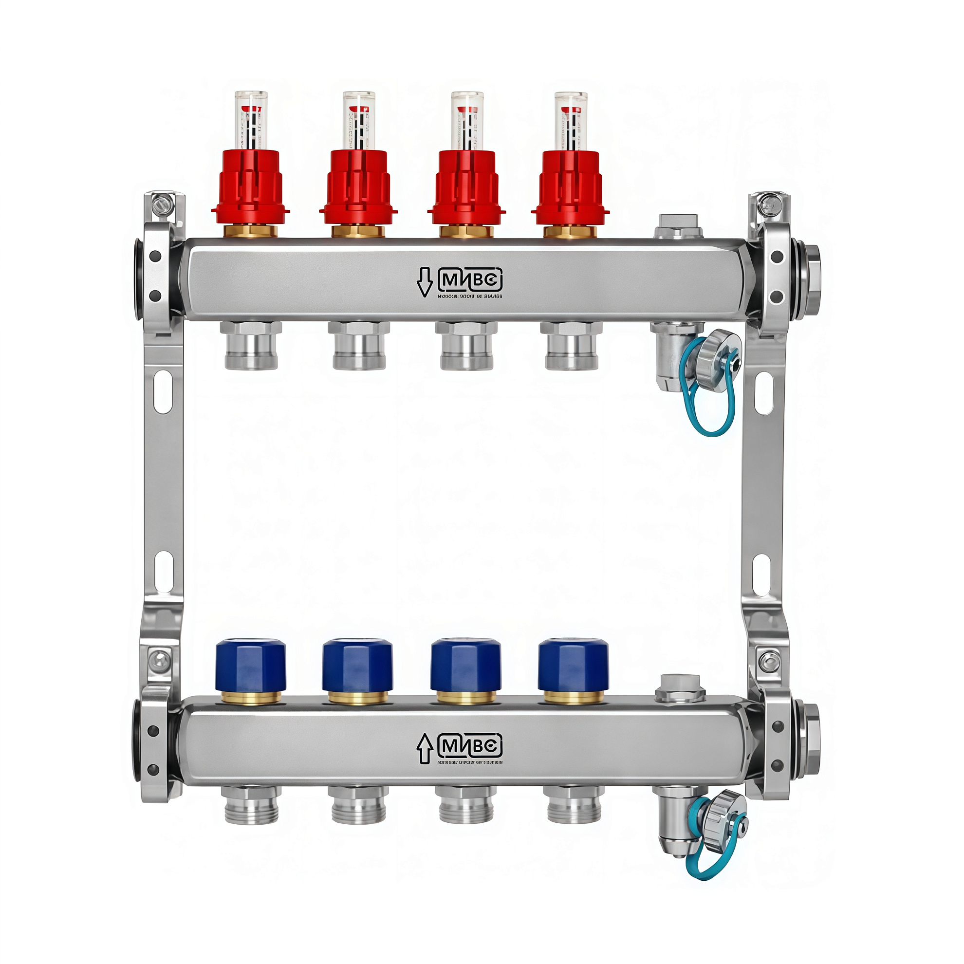 Коллекторная группа из нержавеющей стали с расходомерами (Италия) и термостатическими клапанами, воздухоотводчиками и дренажными кранами, подключение 1”, размер отвода 3/4 E, 4 выхода, WF212А
