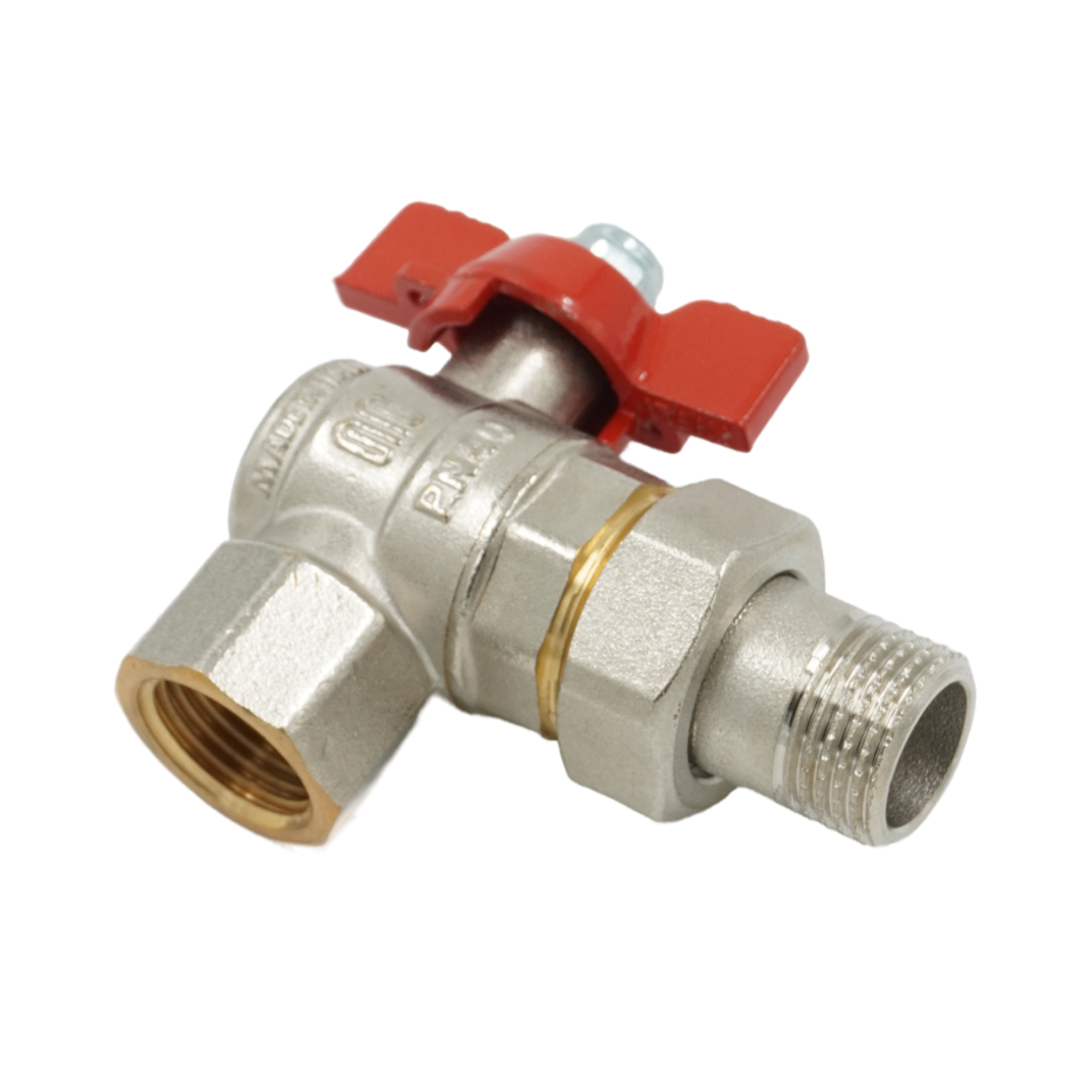 Кран шаровой, ELSEN, полнопроходной, угловой, 1/2", НВ, PN 40, T°C -от -20 до +140, ручка-бабочка, с разъемным соединением, латунь