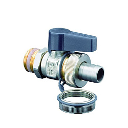 Кран шаровой, Oventrop, Optiflex KFE, DN-10, 3/8", Н, ручка-с ограничителем, латунь, никелированный, со штуцером для шланга (мягкое уплотнение) и колпачком