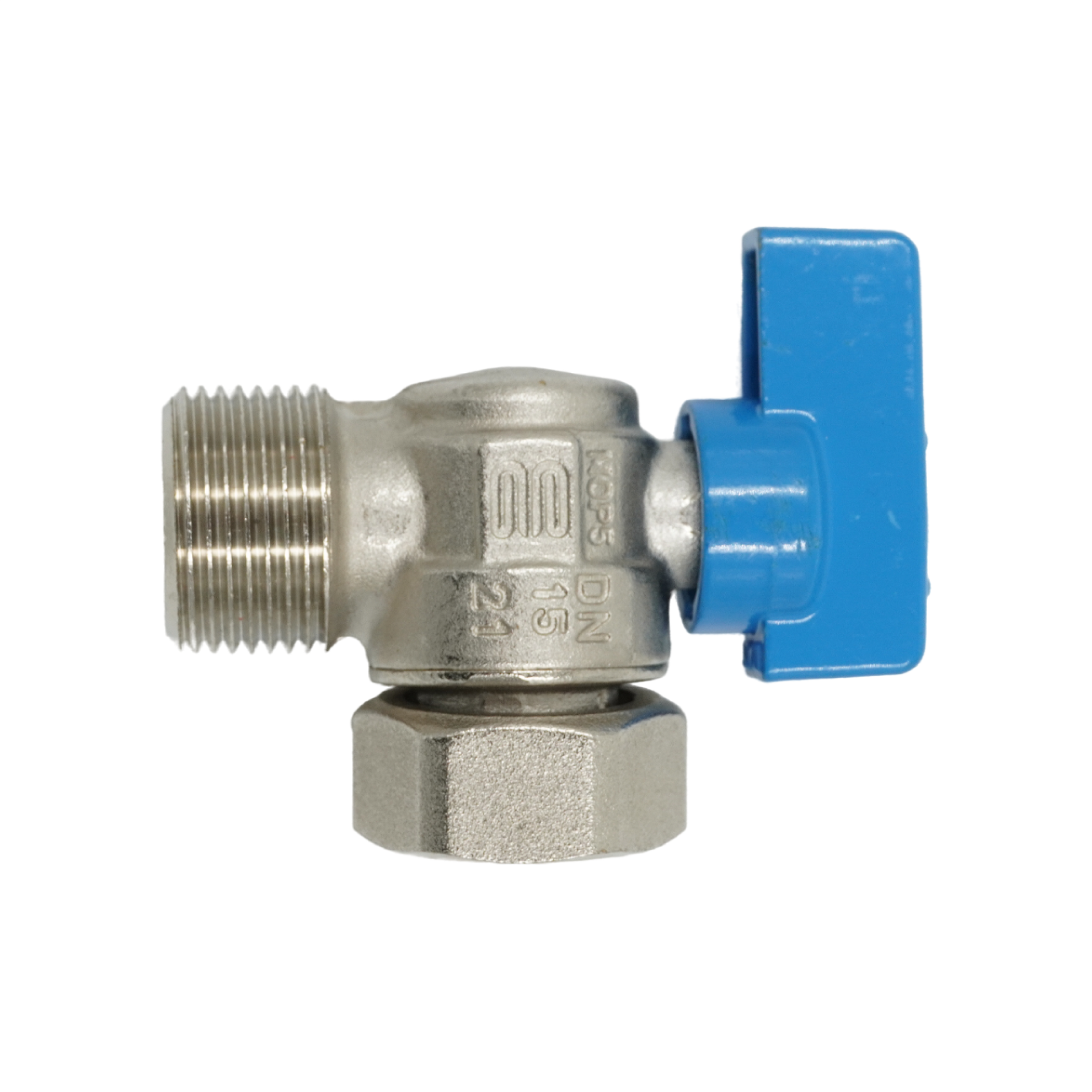 Кран шаровой, ELSEN, угловой, 3/4", 3/4, НВ, PN 16, T°C -от -20 до +130, ручка-флажок синяя, с НГ для подключения бойлера