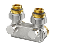 Узел перепускной, 1/2" НР х 3/4" НГ, угловой, с функцией отключения, межтрубное расстояние 50 мм, из латуни, никелированные для взаимного переключения подающей и обратной проводок