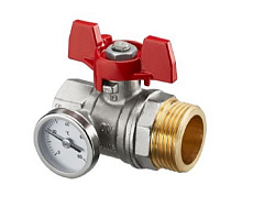 Шаровой кран с плоским уплотнением Ду25,  G1BP x G1HP, с термометром (0–80 °C), с красной рукояткой