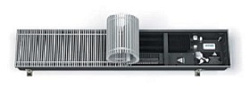 Встраиваемый в пол конвектор Varmann Qtherm Q 230.75.3000 RR U EV1, шириной 230 мм, высотой 75 мм, длиной 3000 мм, решетка роликовая из алюминия, анодированная в натуральный алюминий, декоративная рамка из U-образного профиля, вентиляторы с EC-двигателями