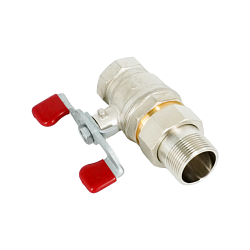 Кран шаровой, Oventrop, Optibal, полнопроходной, DN-32, 1 1/4", НВ, PN, бар-16, ручка-бабочка, латунь, никелированный, с ниппелем и НГ