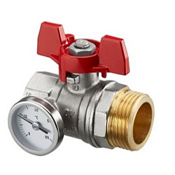 Шаровой кран с плоским уплотнением Ду20,  G3/4"BP x G1"HP, с термометром (0–80 °C), с красным маховиком