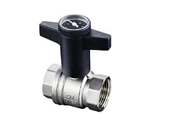 Кран шаровой Oventrop Optibal Ду32, 1 1/4", с термометром, из латуни, никелированный, полнопроходной, с обеих сторон внутренняя резьба, рукоятка пластмассовая, удлиненная