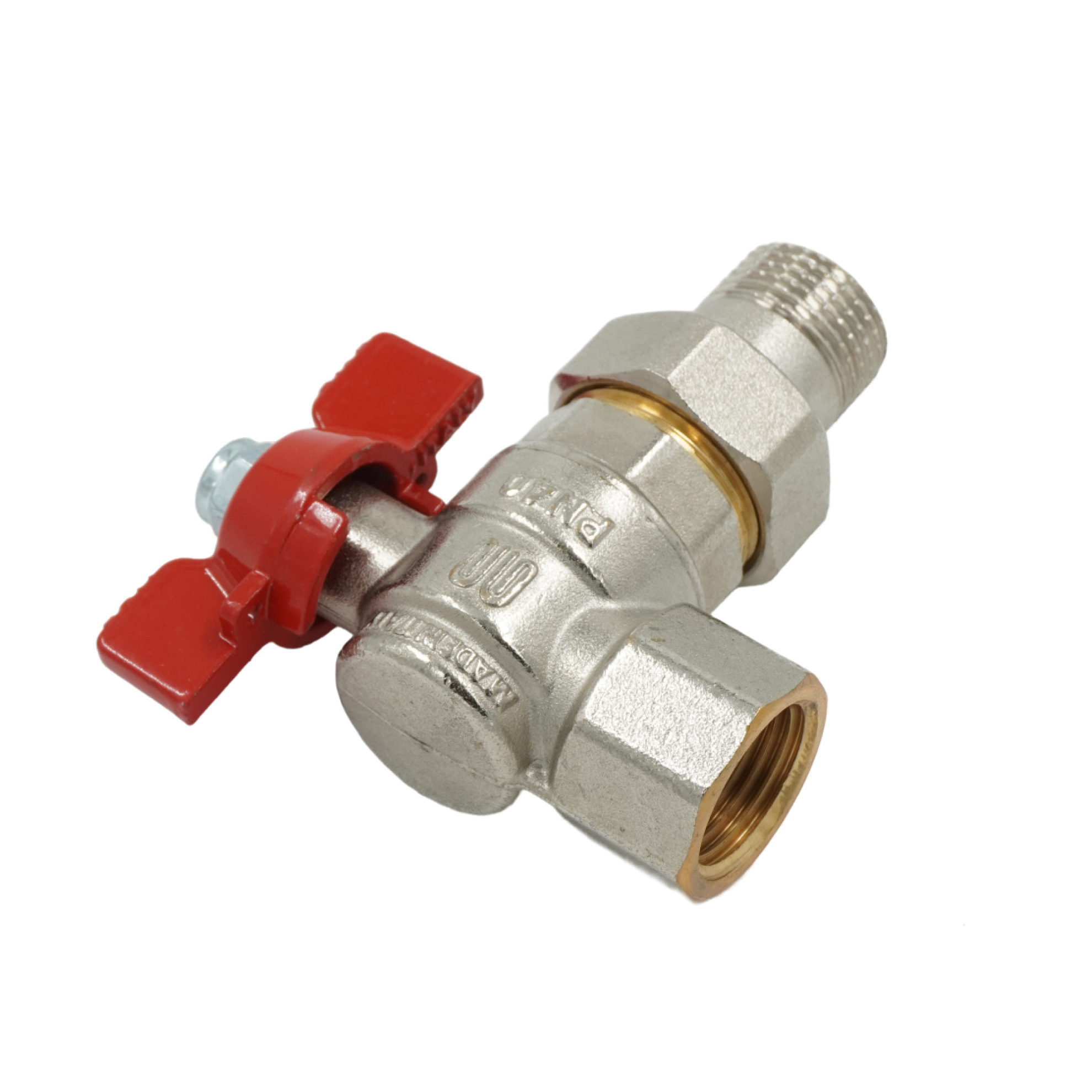 Кран шаровой, ELSEN, полнопроходной, угловой, 1/2", НВ, PN 40, T°C -от -20 до +140, ручка-бабочка, с разъемным соединением, латунь