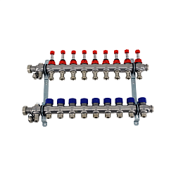 Коллекторная группа, ELSEN, 1", 9 контуров, размер отвода-3/4", PN, бар-4, T°C -от 0 до +70, с вентилями и расходомерами, нержавеющая сталь