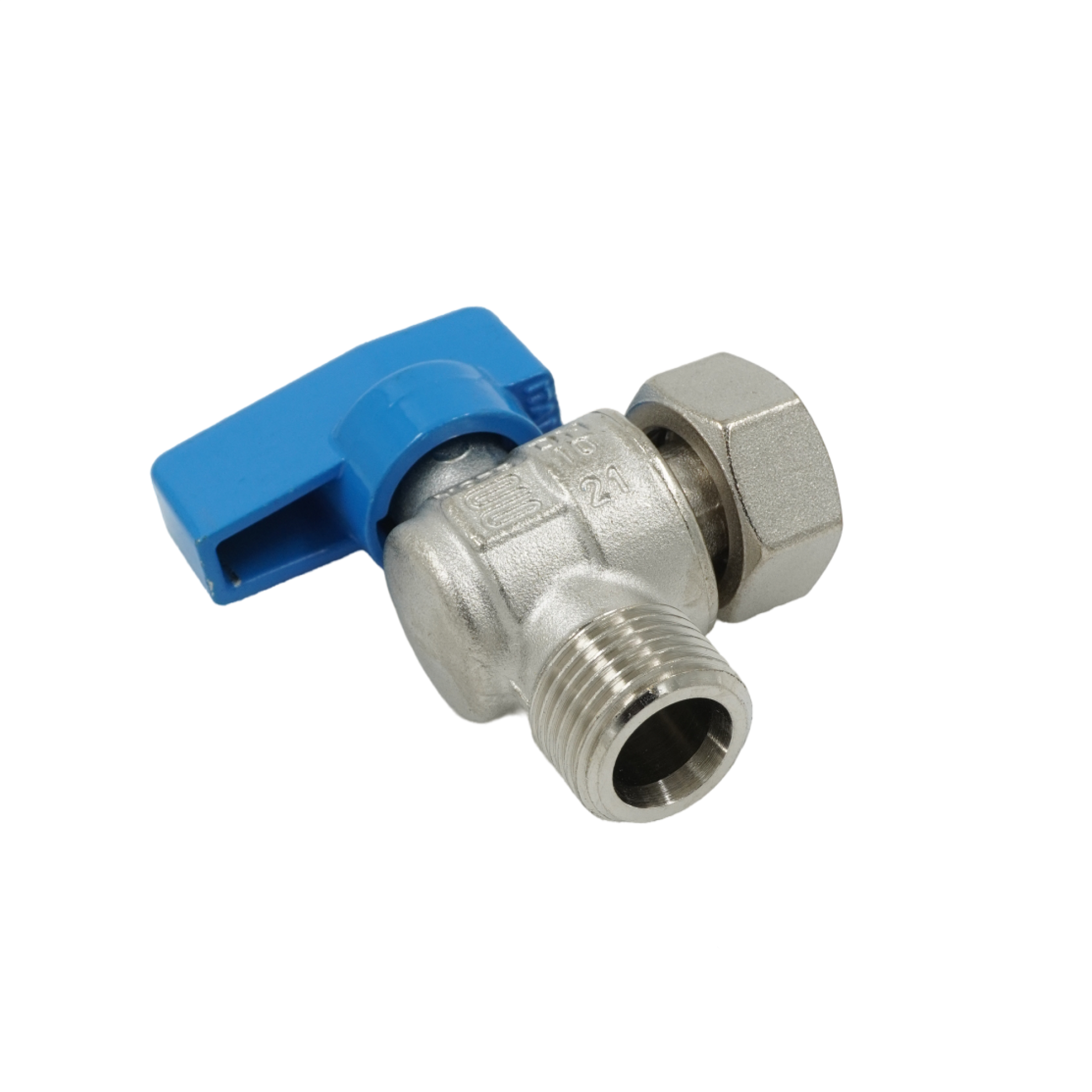 Кран шаровой, ELSEN, угловой, 1/2", 1/2", НВ, PN 16, T°C -от -20 до +130, ручка-флажок синяя, с НГ для подключения бойлера