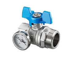 Шаровой кран с плоским уплотнением Ду25,  G1BP x G1HP, с термометром (0–80 °C), с синей рукояткой