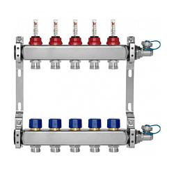 Коллекторная группа из нержавеющей стали с расходомерами и термостатическими клапанами и дренажными кранами, подключение 1”, размер отвода 3/4 E, 10 выходов, WF212DS