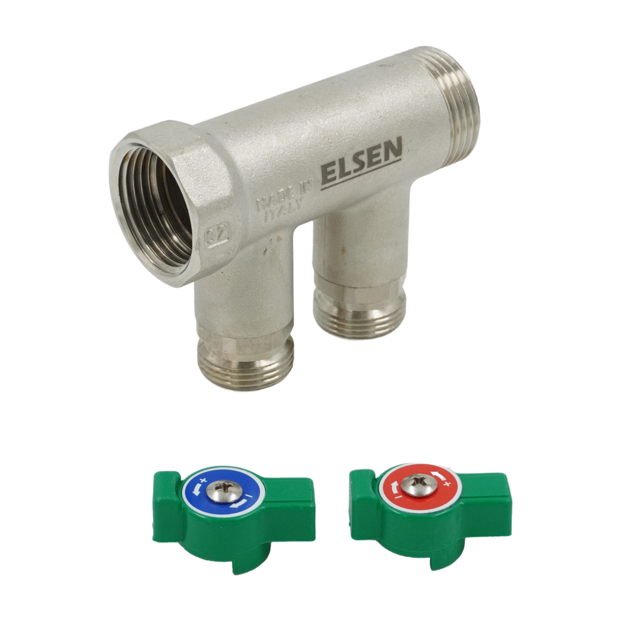 Коллектор модульный, ELSEN, 1", 2 контура, размер отвода-3/4" ЕК, PN, бар-10, T°C -85, с шаровыми кранами, латунь