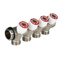 Сантехнический коллектор 3/4" x 3/4"E /4, сборный, никелированный, с отсечными вентилями и с отводами с наружной резьбой.