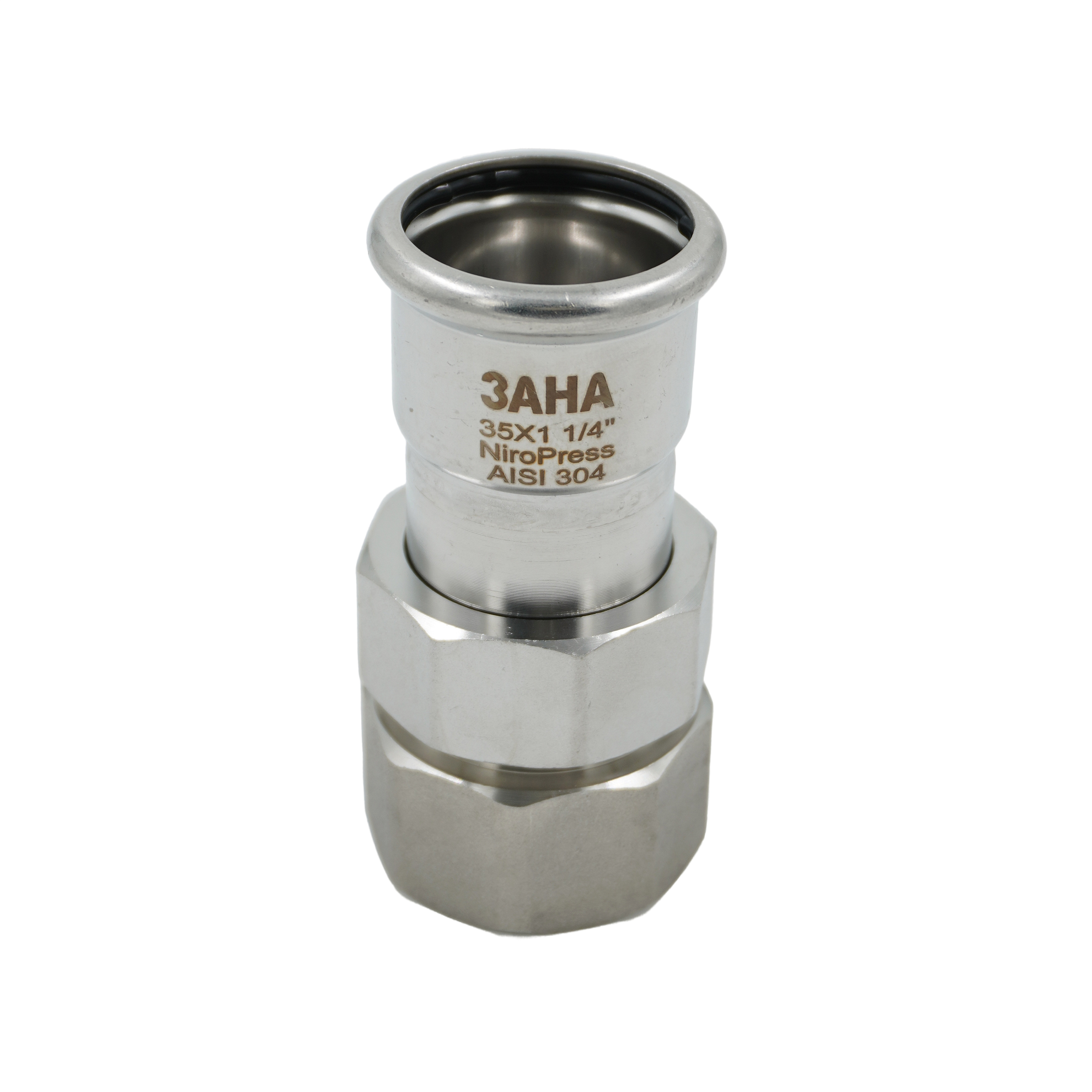 Соединение резьбовое разъемное ЗАНА (SANHA) NiroPress AISI 304L  ВПр-ВР, плоское уплотнение, гайка нержавеющая сталь, Dn 35x11/4