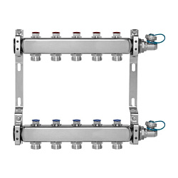 Коллекторная группа из нержавеющей стали с запорно-балансировочными клапанами и дренажными кранами, подключение 1”, размер отвода 3/4 E, 14 выходов, HH233D