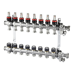 Распределительный коллектор, Oventrop, 1", Multidis SF 7, количество контуров-7, выход-3/4" ЕК, нержавеющая сталь, со встроенными ротаметрами 0-5 л/мин. на подаче, для панельного отопления и охлаждения, с плоским уплотнением, с вентильными вставками M 30