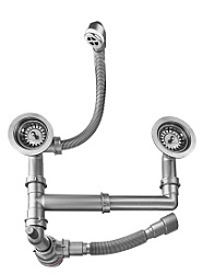 Сифон для мойки на 2 чаши 3 1/2", BETTOSERB. Регулируемая длина гофры 360-810 мм. Регулируемая высота: 10 см. Диаметр слива: 90 мм. Диаметр чаш: 114 мм. Диаметр фильтр-пробок: 80 мм. Подключение к канализации: 40/50 мм. В комплекте крепеж для монтажа как 