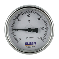 Термометр биметаллический, ELSEN, Ø-63, 1/2", В, осевой, шток-50 мм, D штока 9 мм. Прибор не внесен в реестр Средств Измерений, не применять согласно ст. 3 102-ФЗ от 26.06.2008