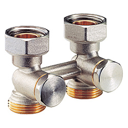 Узел нижнего подключения стальных панельных радиаторов, 3/4"Fx18, прямой, для двухтрубных систем, содержит отсечной клапан для перекрытия и балансировки