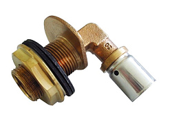 Угольник прессовый, Oventrop, Cofit P, 90°, В, 20 x 2,5 x 1/2", бронза (RX), для прохода через стену, с крепёжным комплектом G 3/4"