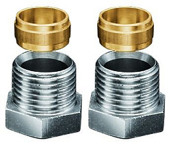 Присоединительный набор, Oventrop, Ofix CEP, Н ЕК, 1/2", 15, со стяжным кольцом, латунь, нажимной винт-никелированный, уплотнение-металлическое, 2 набора в комплекте, для внутренней резьбы, для обходного участка